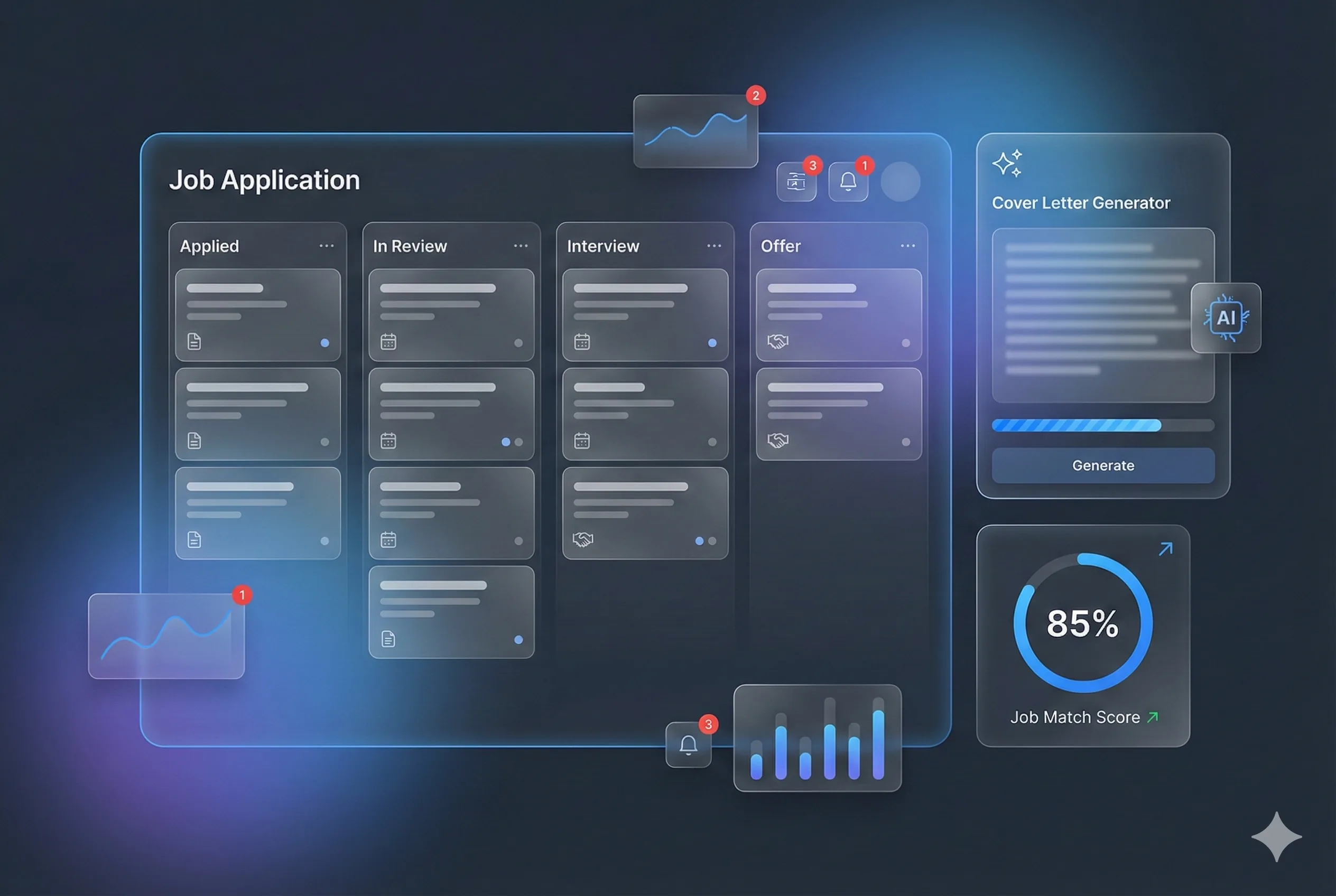 Application Assistant dashboard showing job application tracking and optimization
